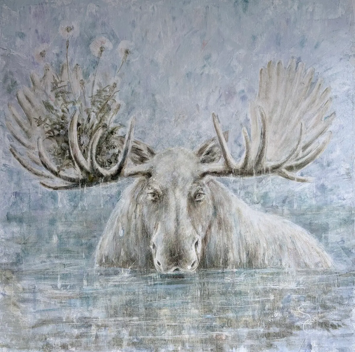 Vild juli | Vit älg och maskrosor - Olja - Impressionism - 80×80 cm av Selene Caspian