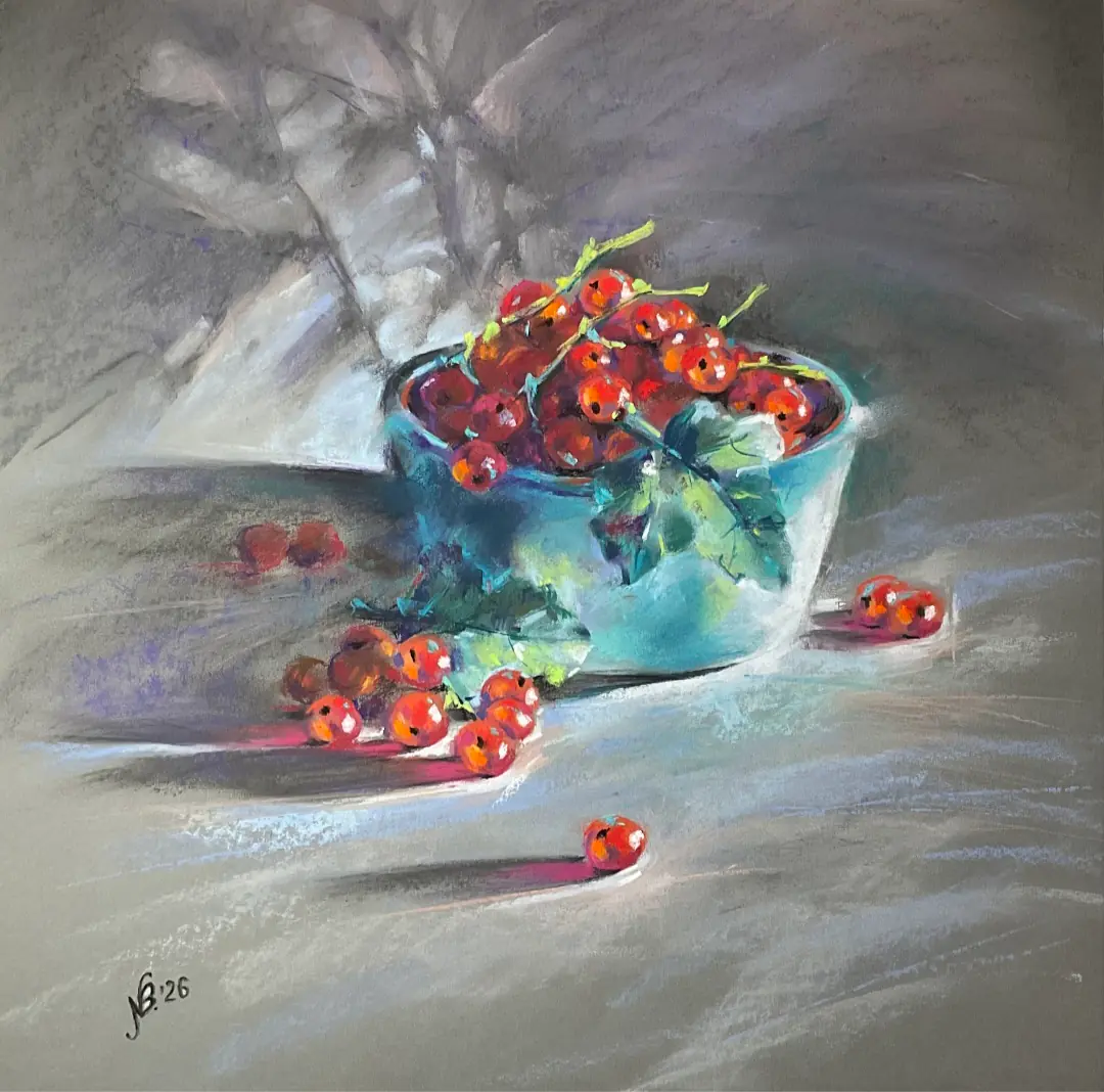 Röda vinbär i skål. - Akvarell - 40×40 cm av Nadezda Beletskaya