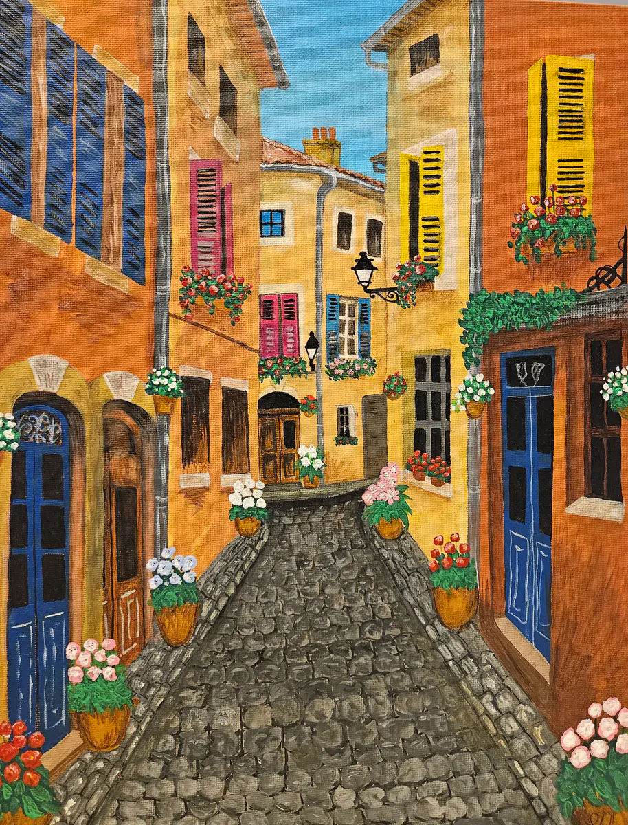 Färgrika Fönsterluckor i Gamla Kvarteren - Akryl - Pop Art - 30×40 cm av Stefani Miletic