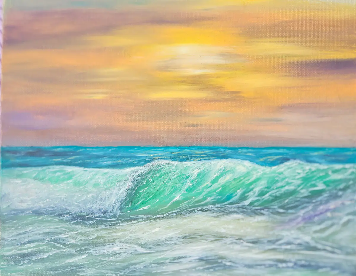 Solfjäderdans i Havets Vågor - Olja - Landscape - 25×20 cm av Stefani Miletic